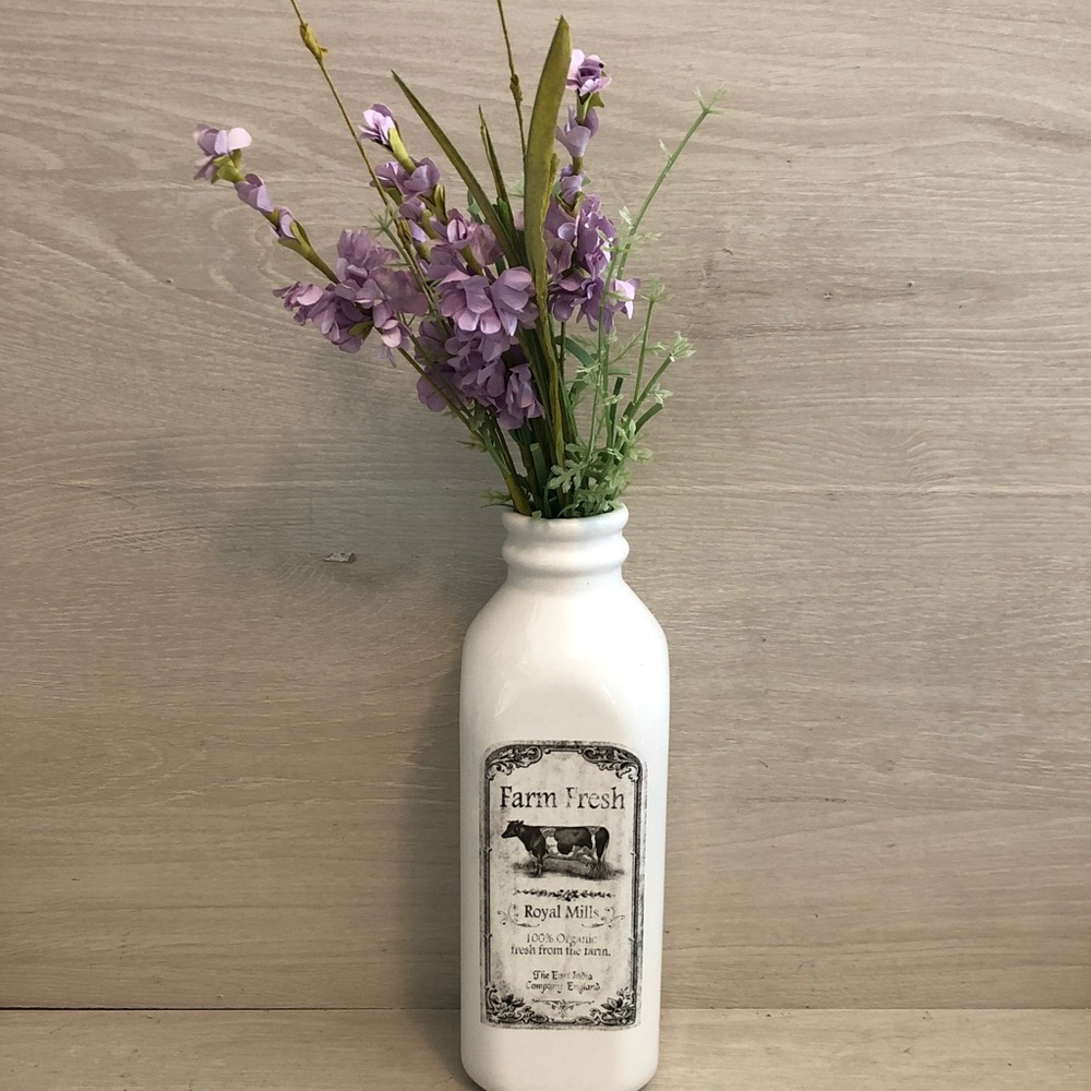 Decorative Farm Fresh Royal Mills White Ceramic Milk Bottle w Faux Flowers